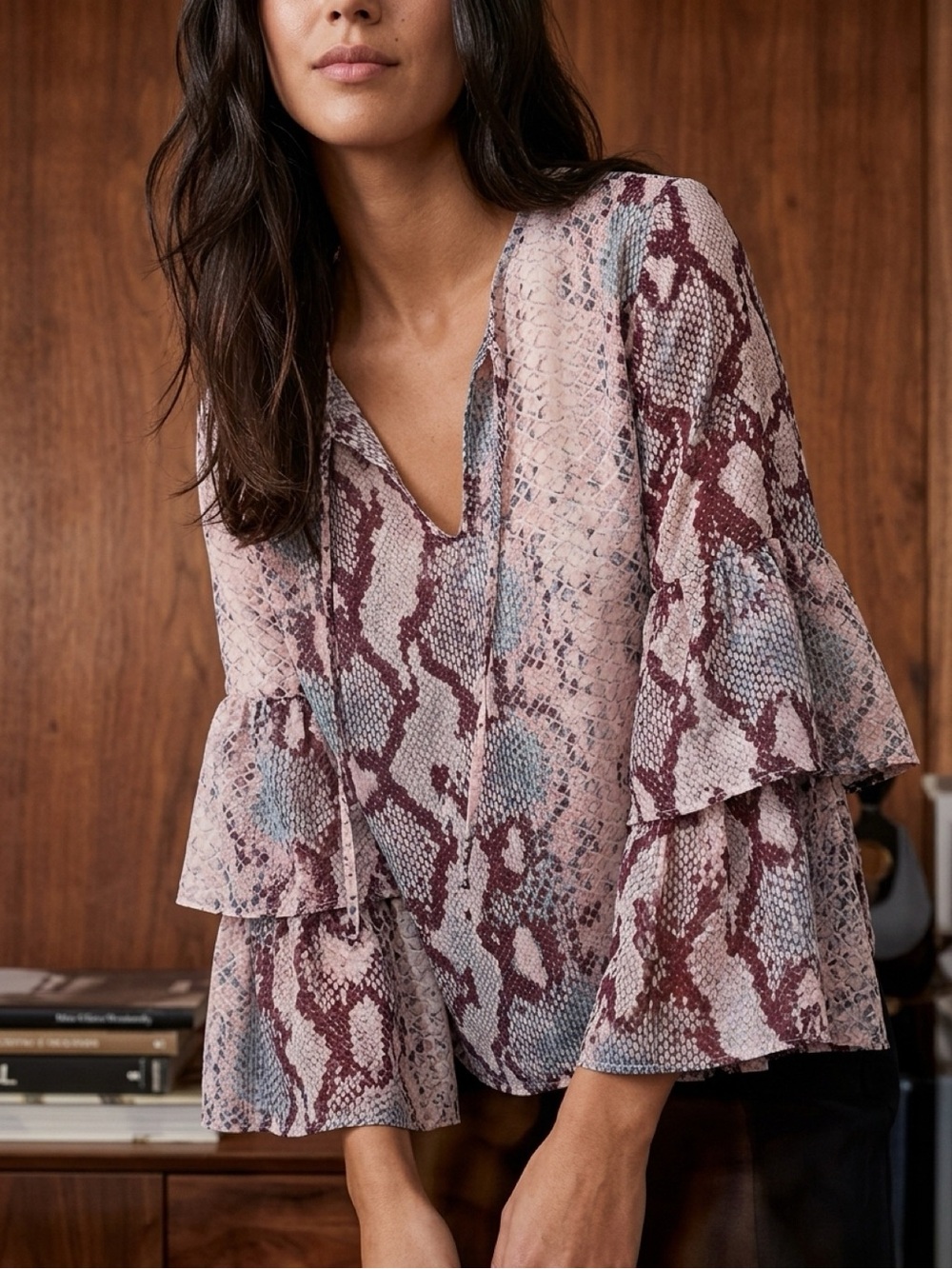 Guess Pink and Burgundy Snake-Print V-Neck Ruffle-Sleeve Blouse